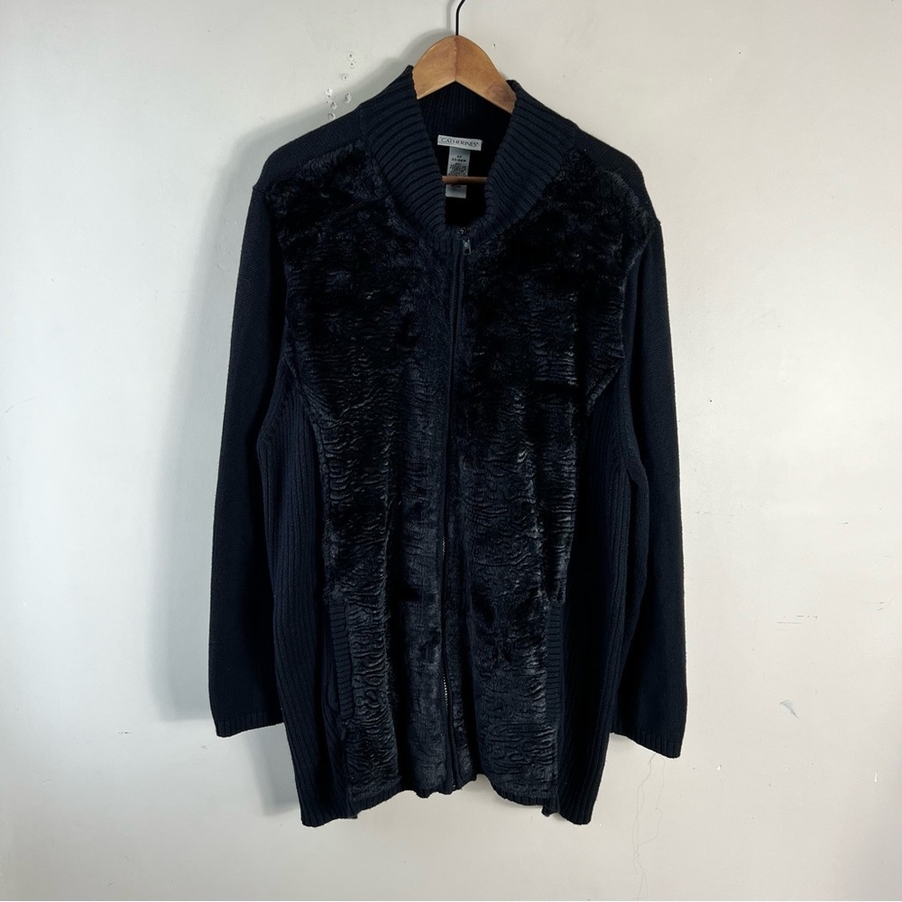 Catherines Black Zipped Faux Fur Front Plush Jacket Cardigan Sweater 2X 22/24